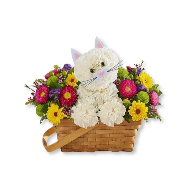 Flower basket arranged as a cat with white blooms and colorful daisies