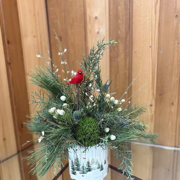 Pine arrangement in a white pot with a red bird ornament