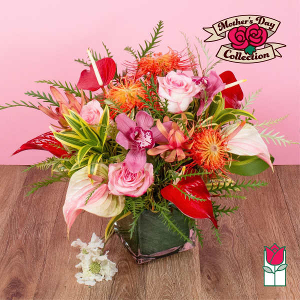 Tropical mixed bouquet with pink roses, orchids, red anthurium and protea in a square glass vase