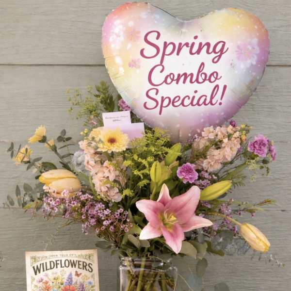 Spring Combo Special – Mixed Spring Bouquet, Wildflower Seeds & Mylar Balloon