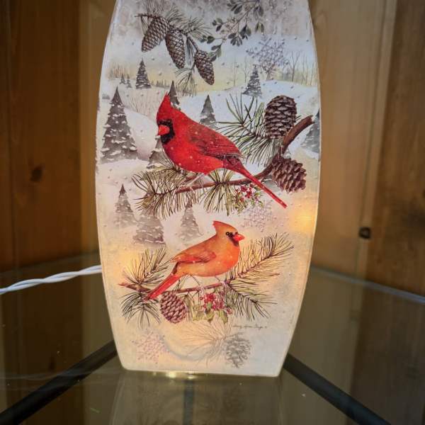 Decorative winter lamp with cardinals and pinecones