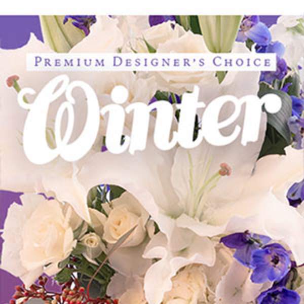 White lilies and purple flowers with a winter text overlay