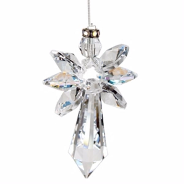 Faceted clear crystal angel ornament hanging from a thin silver cord