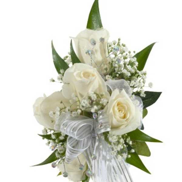 White rose bouquet with baby's breath and silver ribbon