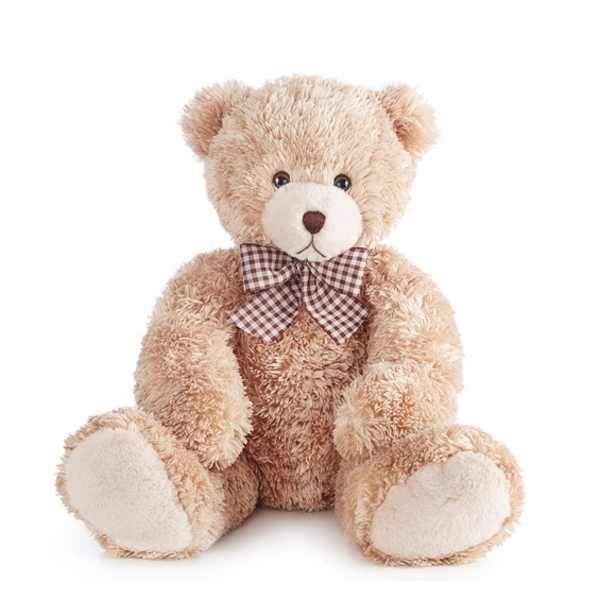 Plush teddy bear with a plaid bow tie sitting on a white background