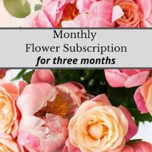 Pink and peach roses with text for a monthly flower subscription
