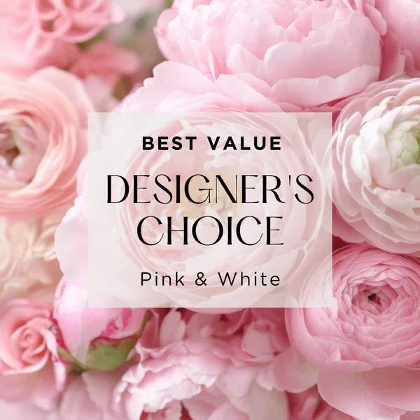 Pink and white ranunculus and roses with a designer's choice label