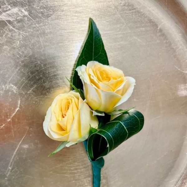 Two pale yellow roses with dark green leaves on a teal stem wrap