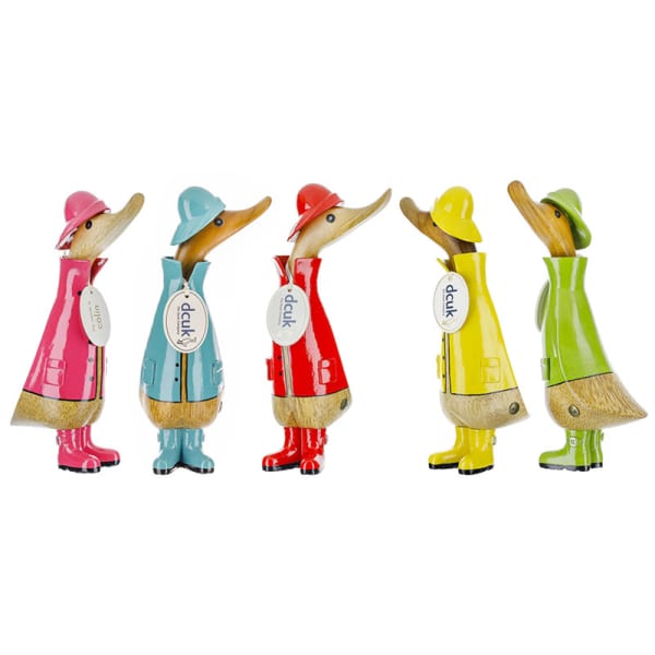 Five colorful duck figurines wearing raincoats and hats