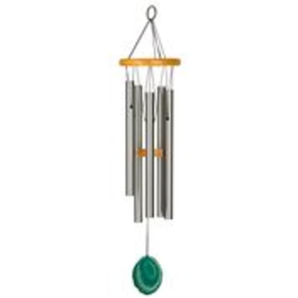 Silver wind chime with a green clapper hanging from a cord