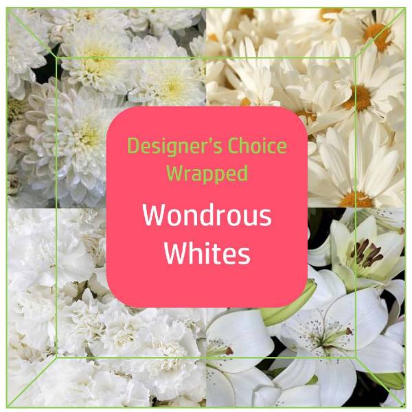 White flower bouquet collage with a pink label reading Wondrous Whites