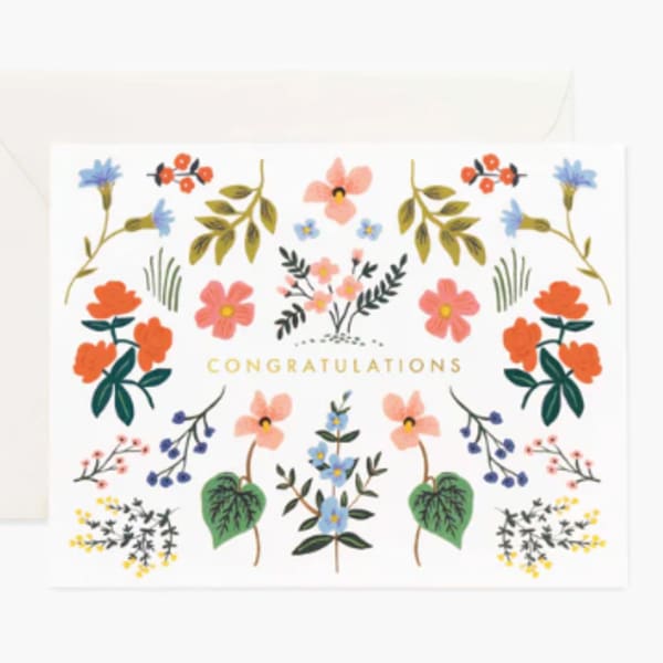 Floral congratulations card with colorful illustrated flowers and leaves