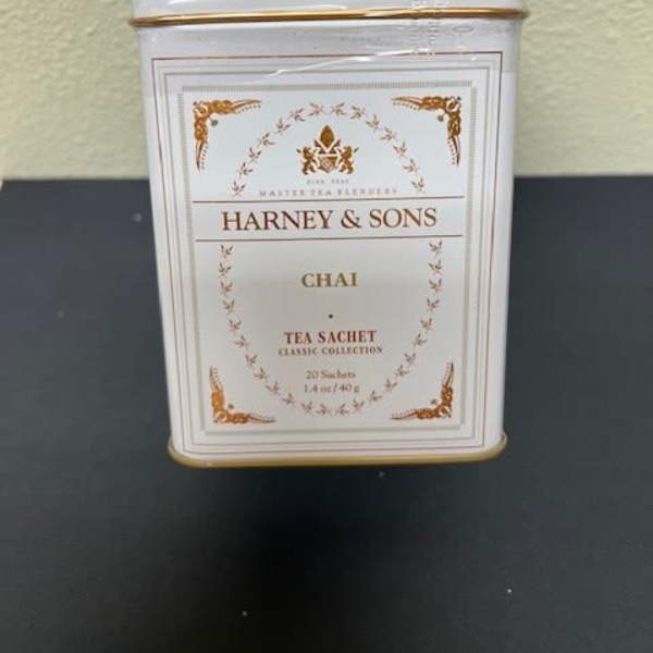 Tin container of Harney & Sons chai tea sachets