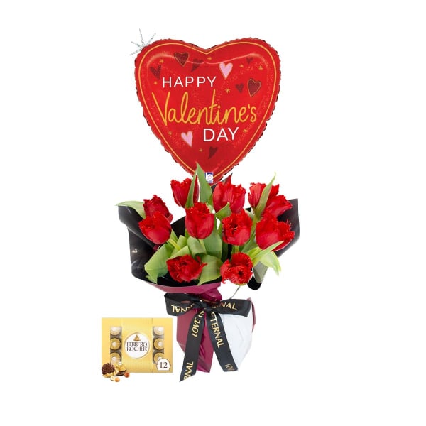 Red tulip bouquet with a heart-shaped Valentine balloon and chocolates