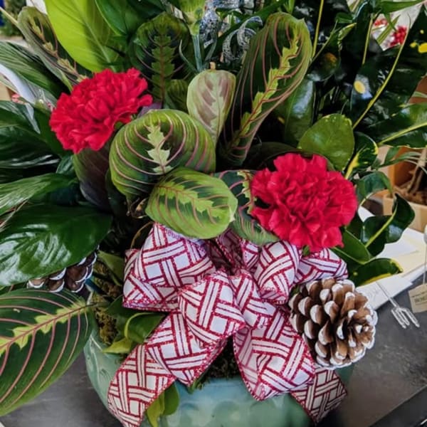 Holiday arrangement with red carnations, patterned leaves, and a ribbon in a bowl vase