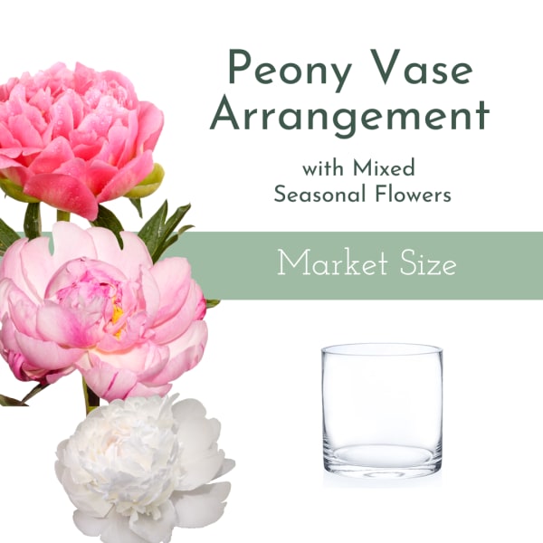 Graphic of pink and white peony blooms next to an empty clear glass cylinder vase.