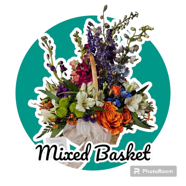 Mixed flower basket with orange, purple, white, and blue blooms