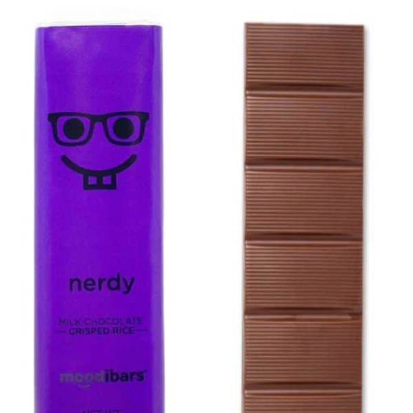 Purple chocolate bar wrapper beside a segmented milk chocolate bar.