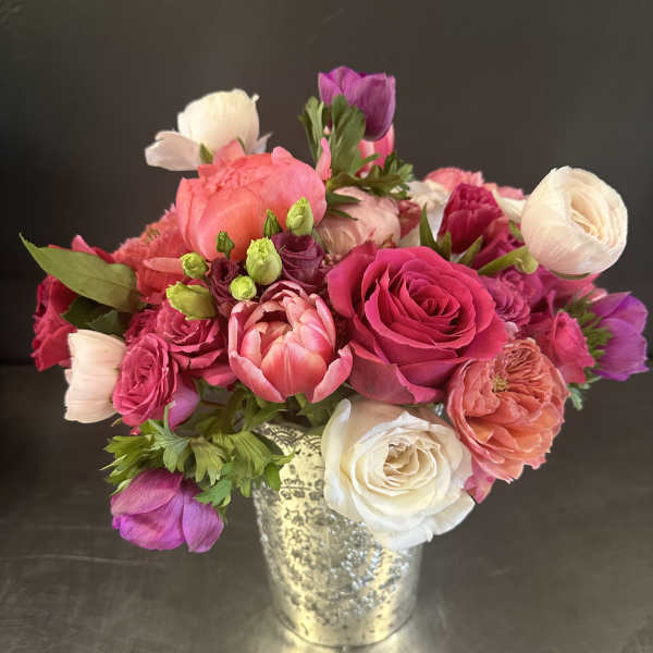 Pink and white mixed bouquet in a silver vase