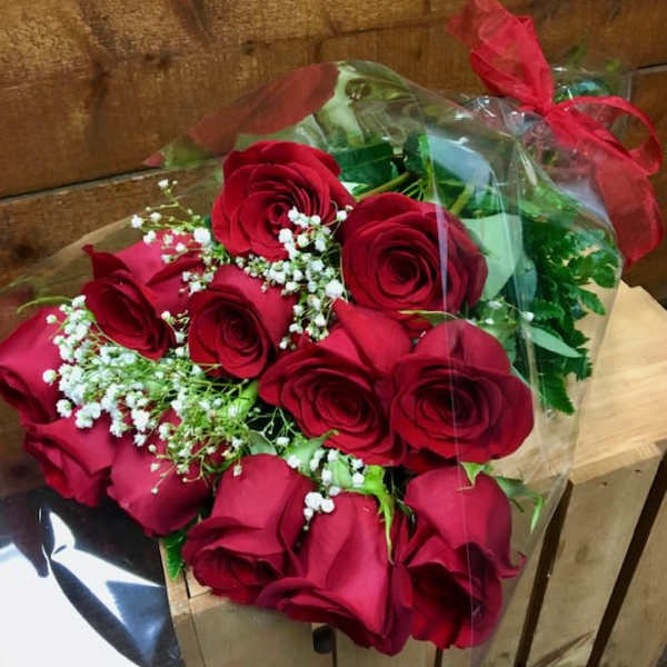 Bouquet of red roses with baby's breath in clear wrap