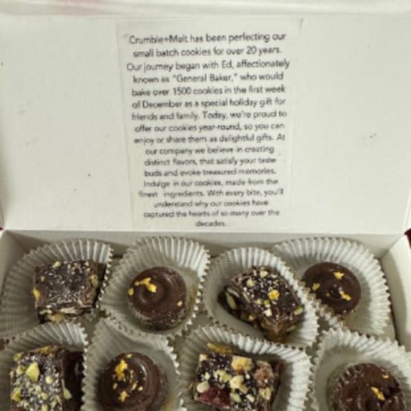 Box of assorted chocolate cookies in paper cups