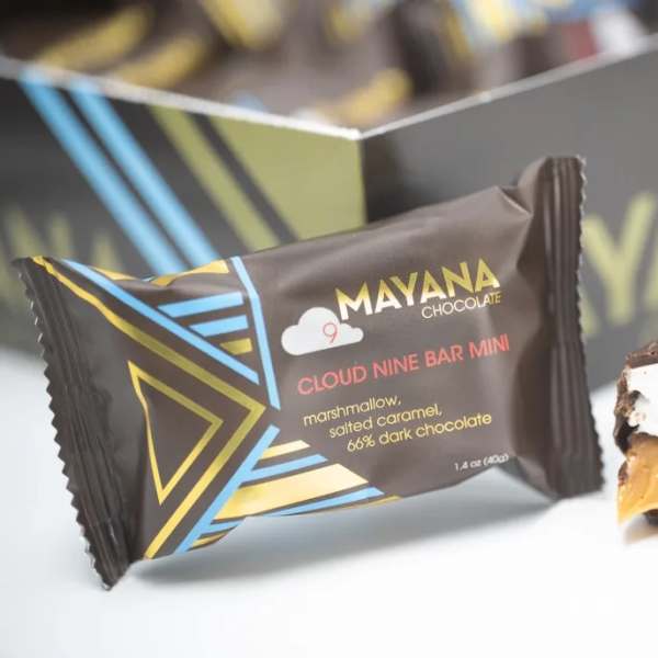 Wrapped chocolate candy bar with a bitten piece beside it