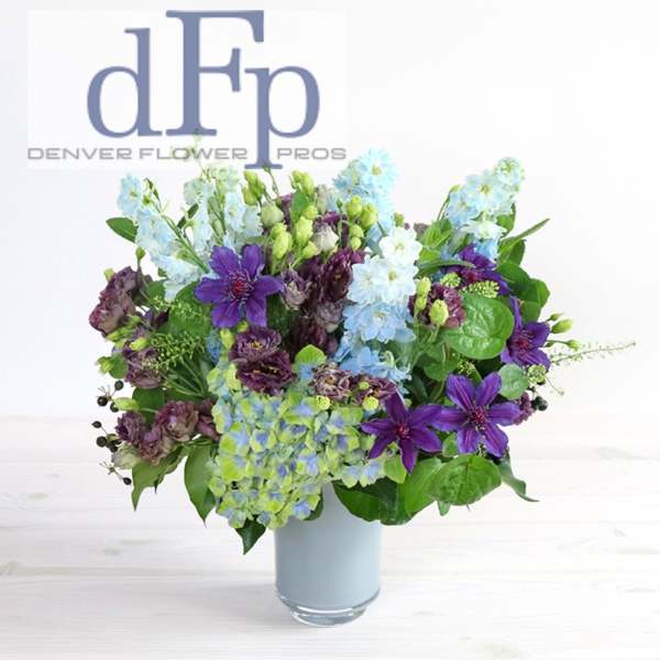 Summer purple and Blues flower arrangement with locally grown flowers