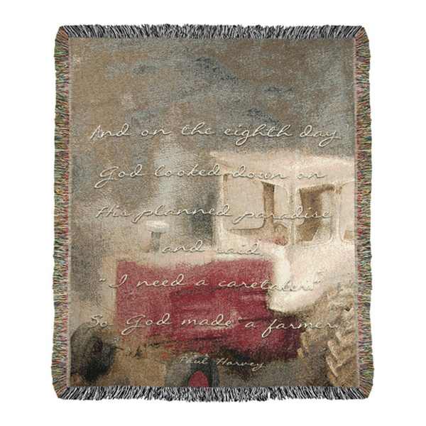 Fringed woven blanket with a farmhouse quote and barn scene