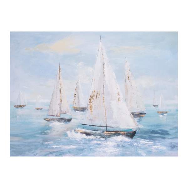 Painting of white sailboats on a blue sea