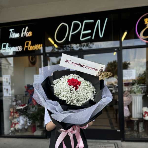 Bouquet of white baby's breath with a single red rose, wrapped in black paper