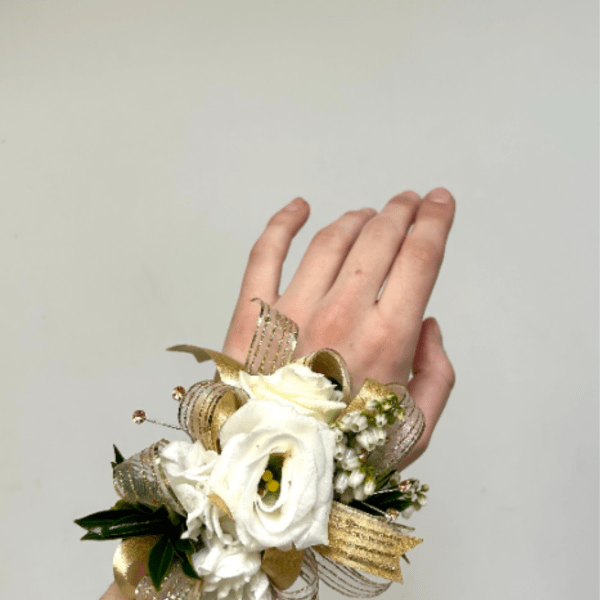 White & Gold Mixed Wrist Corsage