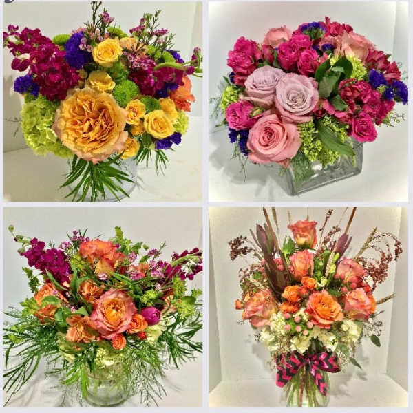 Four colorful mixed rose arrangements in clear glass vases, each with bright accent flowers in different styles.