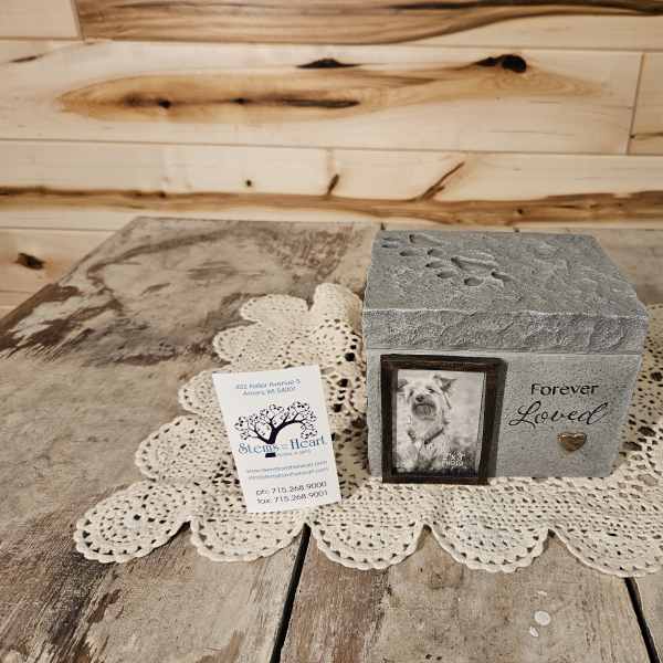 Gray memorial keepsake box with a small photo frame and "Forever Loved" text
