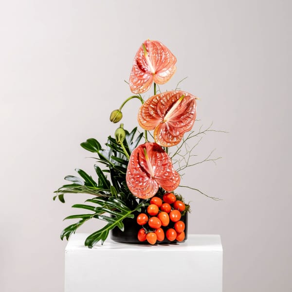 Arrangement with coral anthuriums and orange berries in a black container