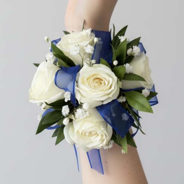 White Rose Corsage with Royal Blue Ribbon