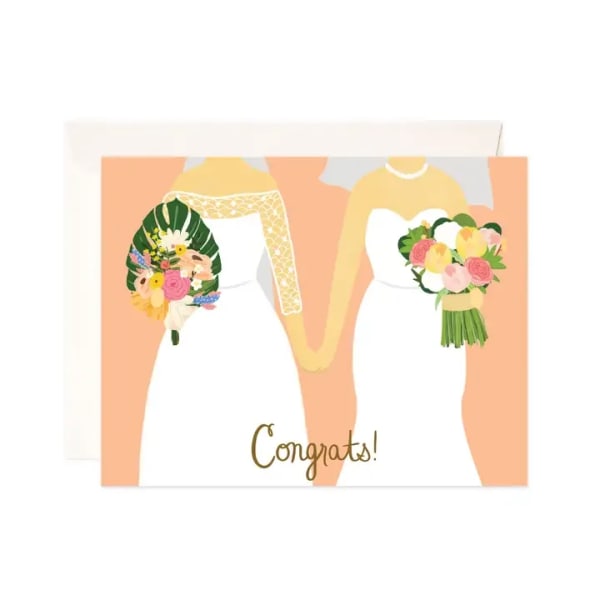Wedding card with two brides holding bouquets and the word Congrats