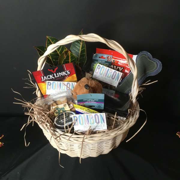 Gift basket with dog treats, toys, and a plush dog in a wicker basket