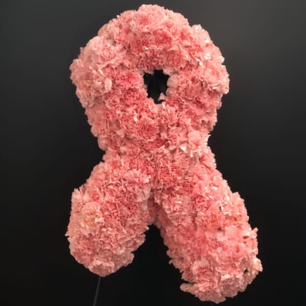 Pink carnation ribbon-shaped floral tribute on a black background