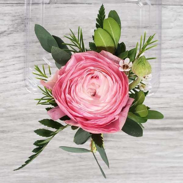 Pink ranunculus boutonniere with greenery and small white accents