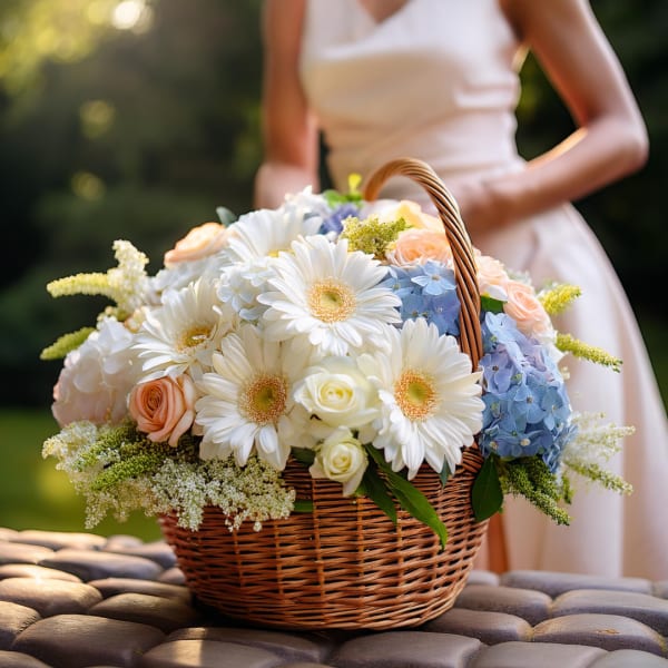 Basket of white daisies, roses, and blue hydrangeas held by a woman in a dress