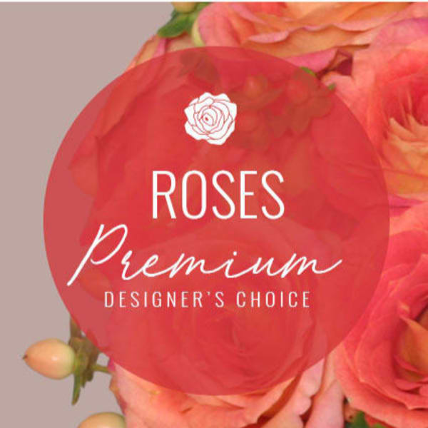 Graphic with coral roses and text reading Roses Premium Designer's Choice