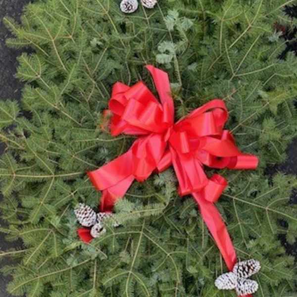 Green holiday wreath with a red bow and pinecones