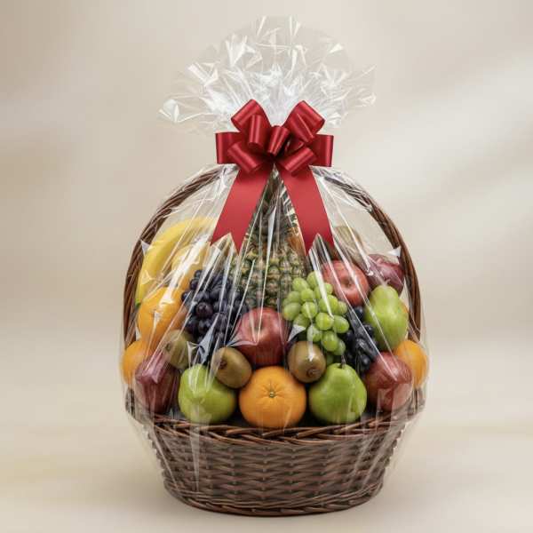 Large wicker gift basket filled with assorted fresh fruit wrapped in cellophane with a red bow