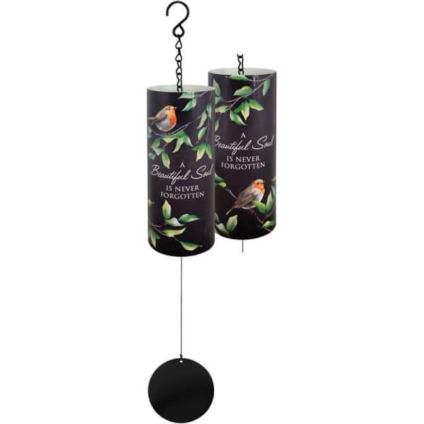 Two black memorial wind chimes with bird and leaf designs