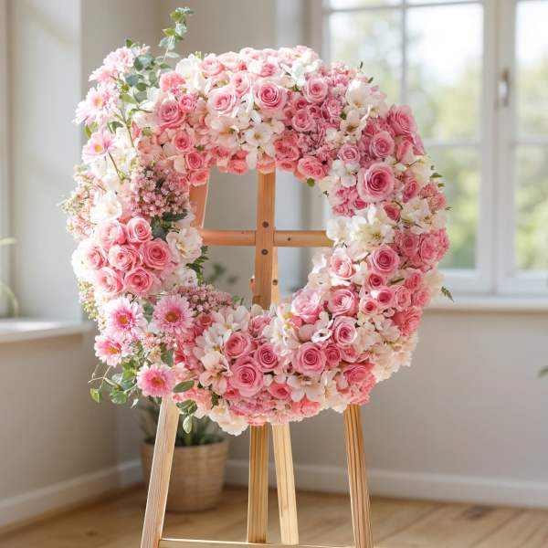 Pink and white floral wreath on a wooden easel