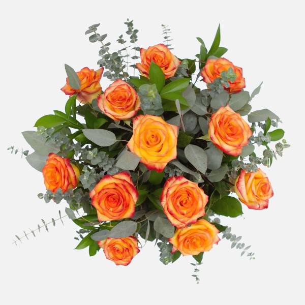 Bouquet of orange roses with eucalyptus foliage