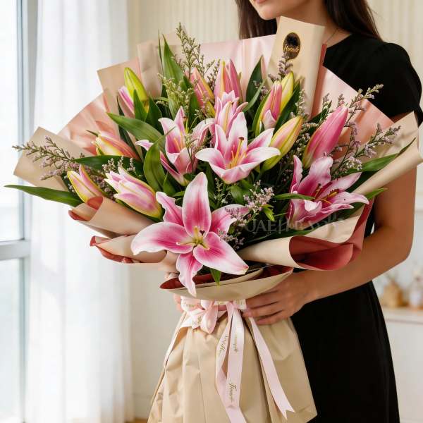 Fragrant Stargazer lilies Wrapped Bouquet