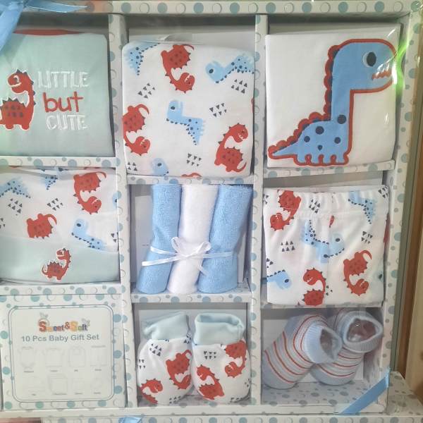 Baby gift set with dinosaur-patterned clothing and socks in a boxed display