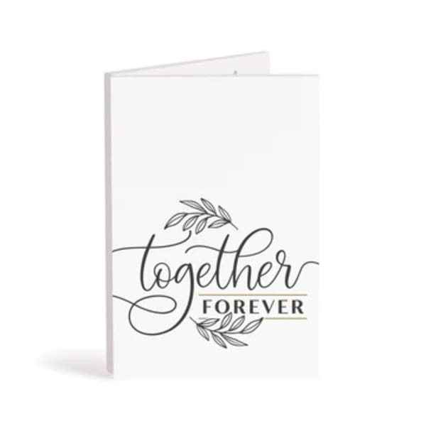 White greeting card with "together forever" text and leaf accents