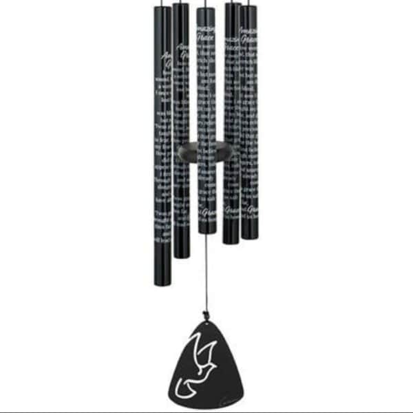 Black hanging wind chime with five tubes and a dove pendant